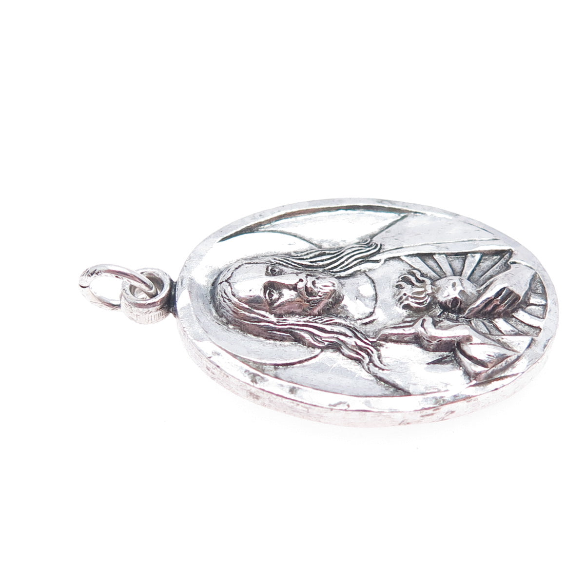 925 Sterling Silver Antique Art Deco St. Mary & Jesus Oxidized Charm Pendant