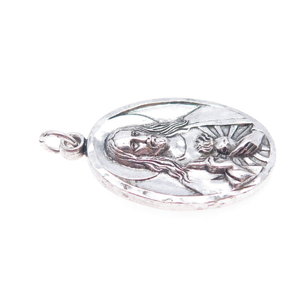 925 Sterling Silver Antique Art Deco St. Mary & Jesus Oxidized Charm Pendant