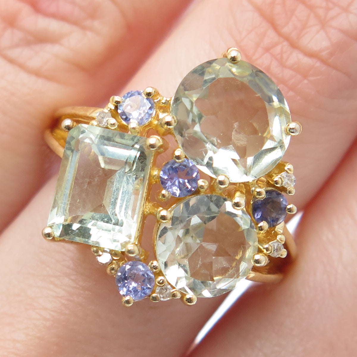 DSMK 925 Sterling Gold Plated Diamond Green Amethyst & Tanzanite Ring Size 7.75