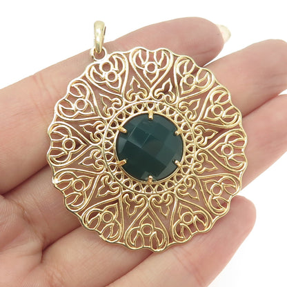 LIRM 925 Sterling Silver Gold Plated Real Green Onyx Fleur de Lis Round Pendant