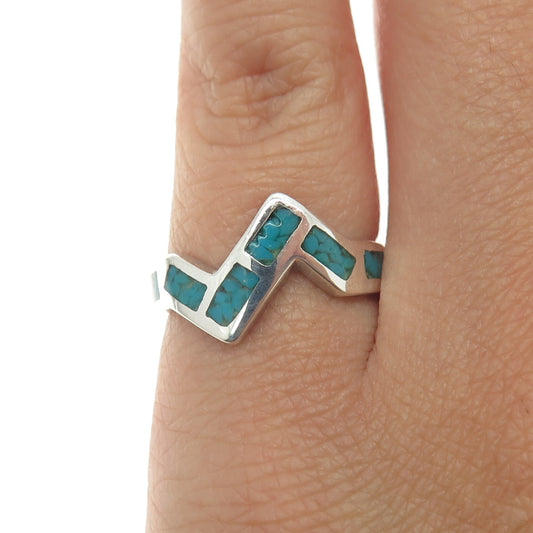 Old Pawn 925 Sterling Silver Southwestern Turquoise Inlay Zig Zag Ring Size 5.5