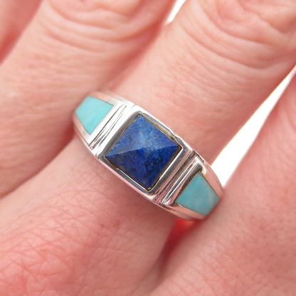 925 Sterling Silver Vintage Real Lapis & Turquoise Ring Size 8