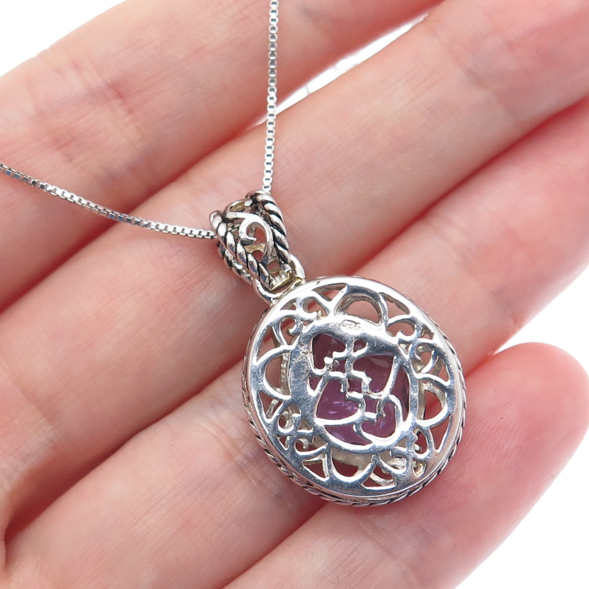 925 Sterling Silver SMK Real Amethyst Gem Swirl Pendant Box Chain Necklace 18"