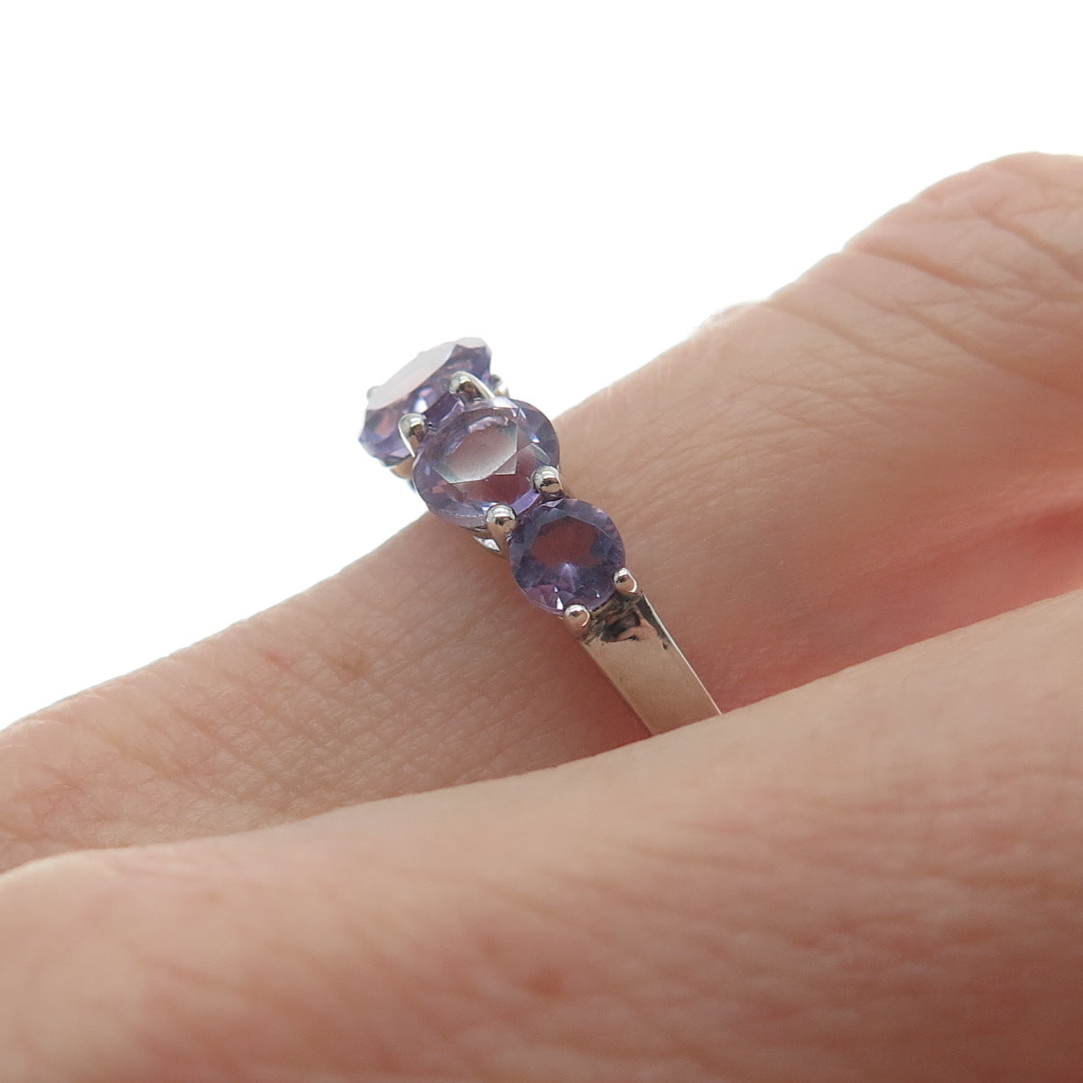 925 Sterling Silver Real Round-Cut Graduated Amethyst Ring Size 6