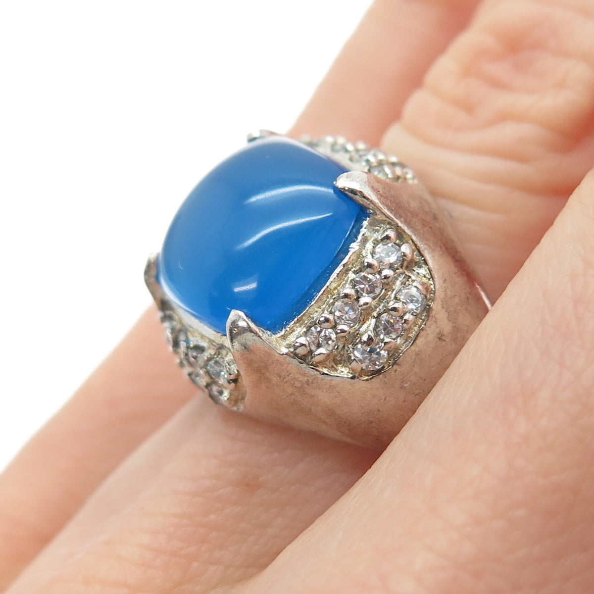 ROSS SIMONS 925 Sterling Silver Vintage Real Blue Chalcedony C Z Ring Size 5.25