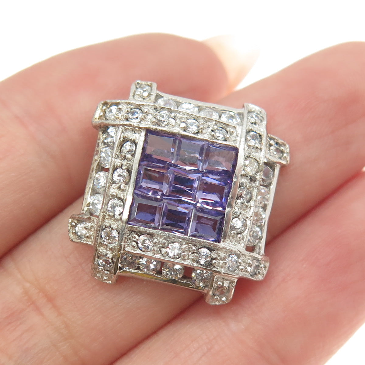 925 Sterling Silver Real Princess-Cut Amethyst & Round C Z Pendant