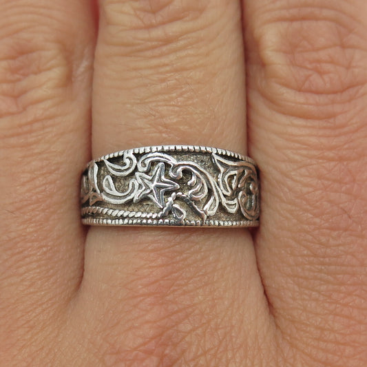 925 Sterling Silver Vintage Star Floral Scroll Oxidized Ring Size 8.75