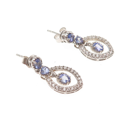 Chuck Clemency 925 Sterling Silver Real Tanzanite & White Topaz Dangle Earrings