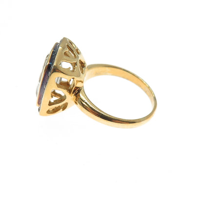 925 Sterling Silver Gold Plated Real Diamond & Green Amethyst Ring Size 6.75