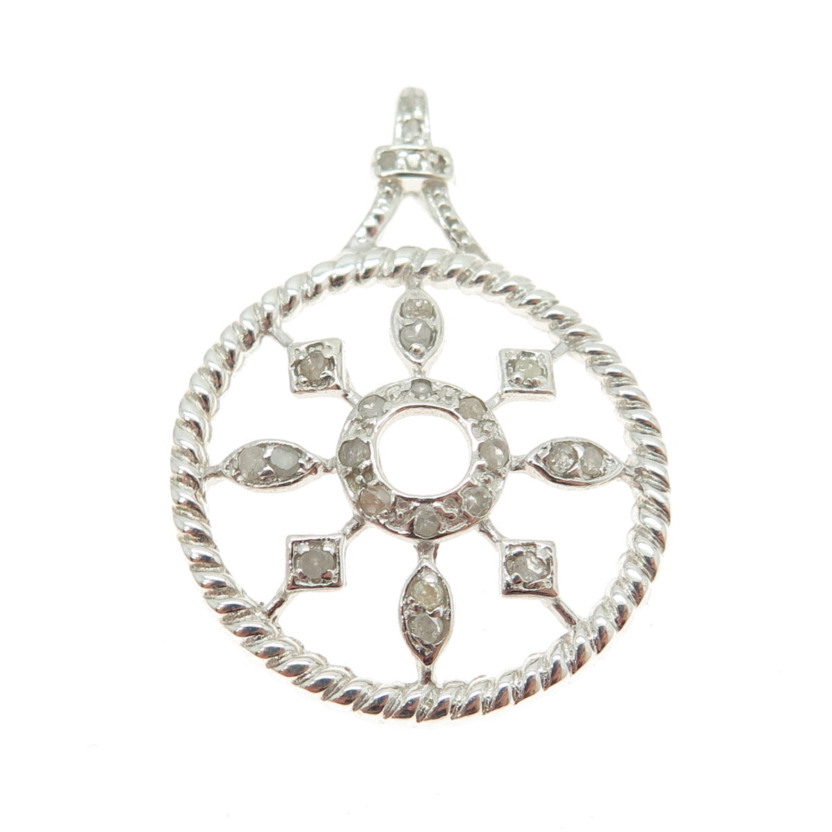 925 Sterling Silver Real Round-Cut Diamond Floral Wheel Round Pendant