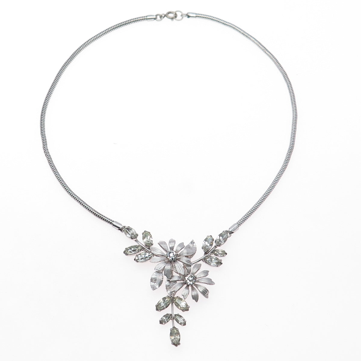 KREMENTZ 925 Sterling Silver Vintage Rhinestone Flower Snake Chain Necklace 16"