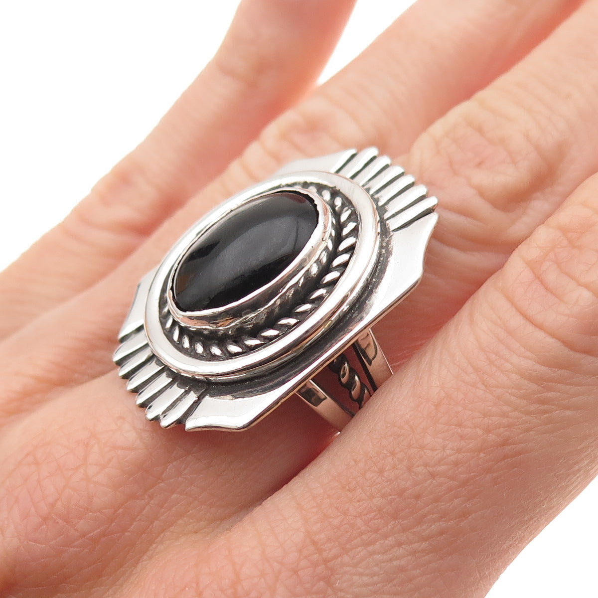 Jefferson Lee Navajo Old Pawn Sterling Silver Vintage Black Onyx Ring Size 7.5