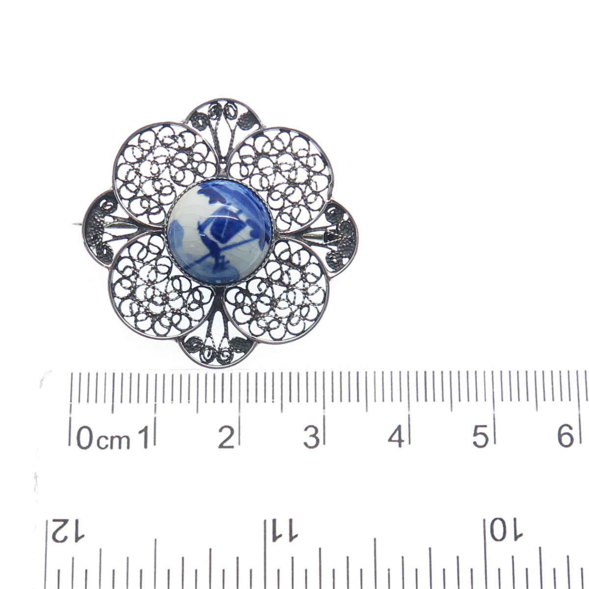 DELFT 835 Silver Vintage Netherlands Ceramic Old Mill Filigree Pin Brooch