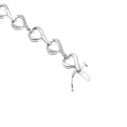 SUN 925 Sterling Silver Real Round-Cut Diamond Heart Link Bracelet 7"