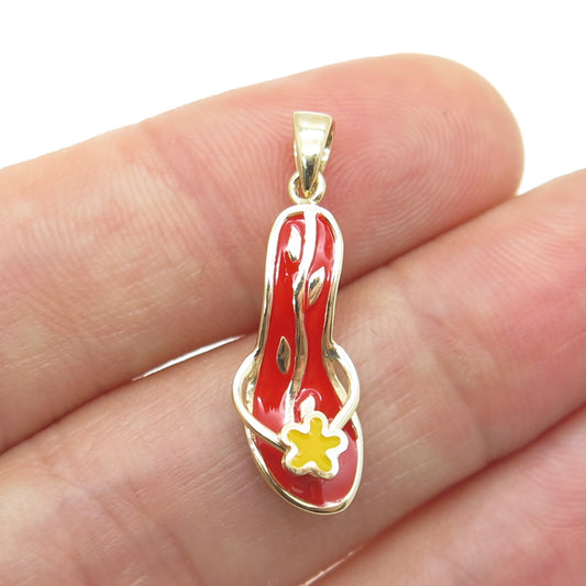 14K Yellow Gold & Enamel Female Flip Flop Floral Minimalist Charm Pendant