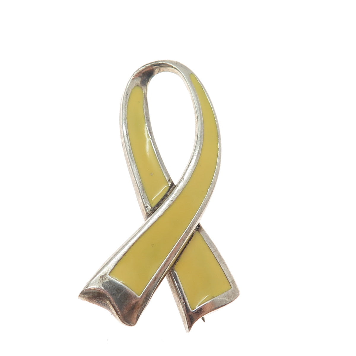 925 Sterling Silver Vintage Enamel Yellow Ribbon Awareness Cancer Free Brooch