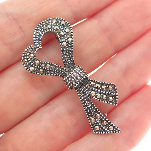 925 Sterling Silver Vintage Real Marcasite Ribbon Heart Oxidized Pin Brooch