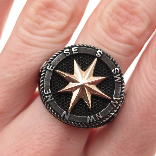 Petek 925 Sterling Silver 2-Tone Vintage Compass Oxidized Signet Ring Size 10