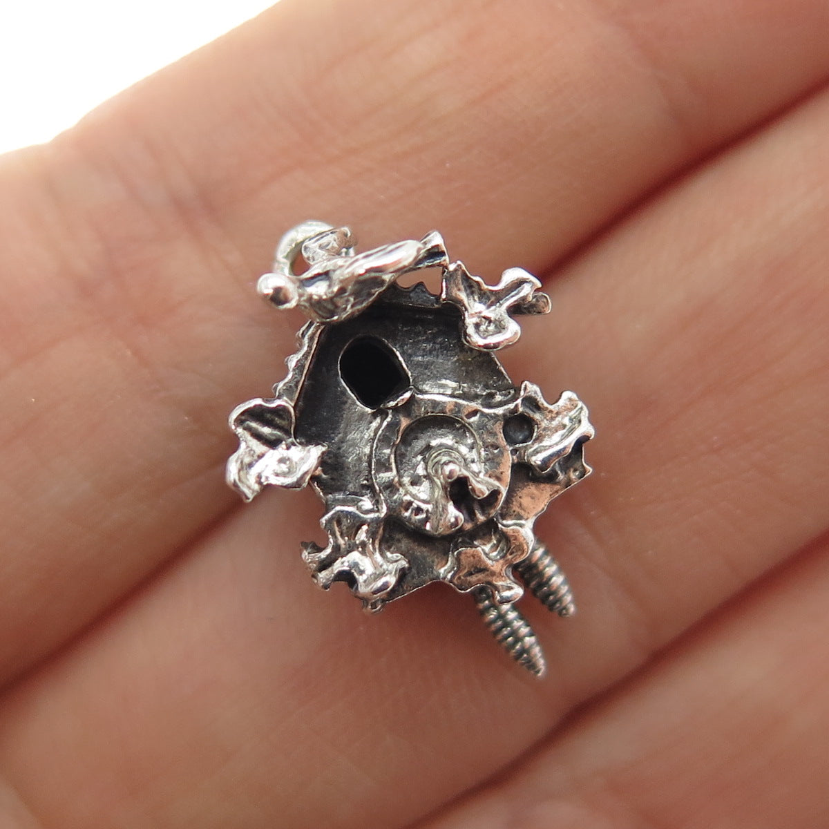 925 Sterling Silver Antique Cuckoo Clock Oxidized Minimalist Charm Pendant