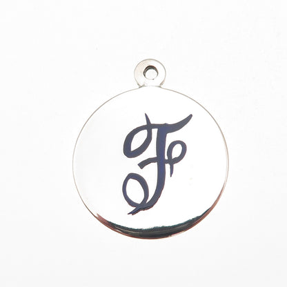 800 Silver Vintage Italy Enamel Letter F Initial Round Tag Charm Pendant