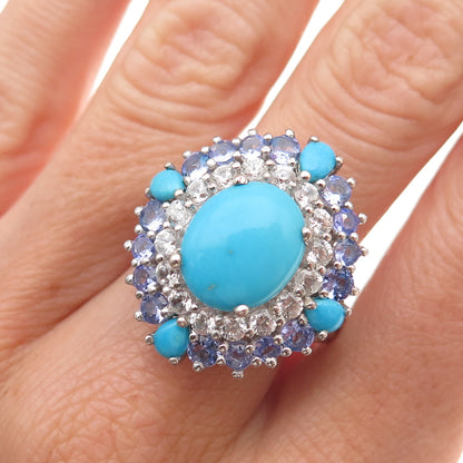 Chuck Clemency 925 Sterling Silver Real Turquoise Tanzanite Topaz Ring Size 8.25