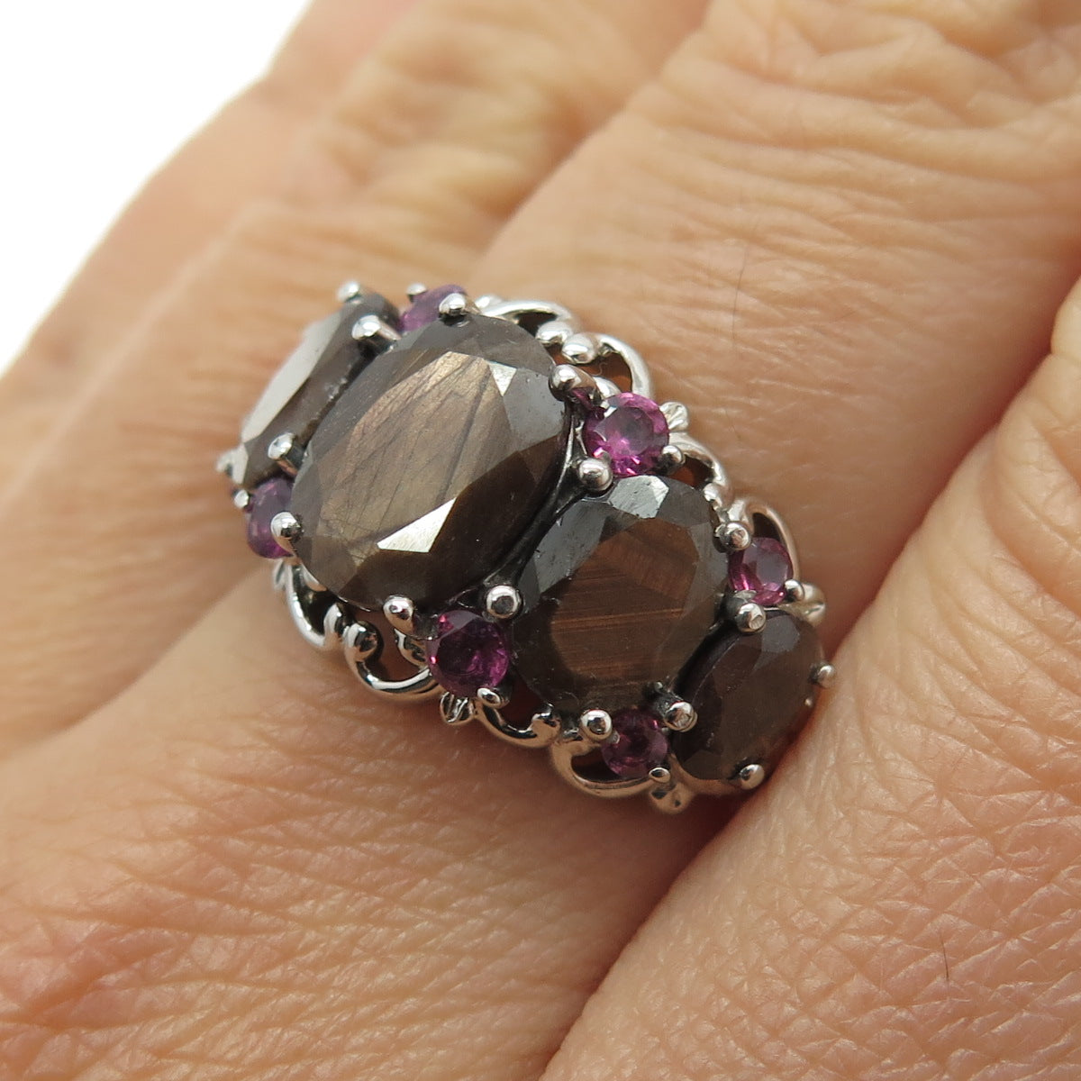 CHUCK CLEMENCY 925 Sterling Silver Real Rutilated Sapphire Amethyst Ring Size 7