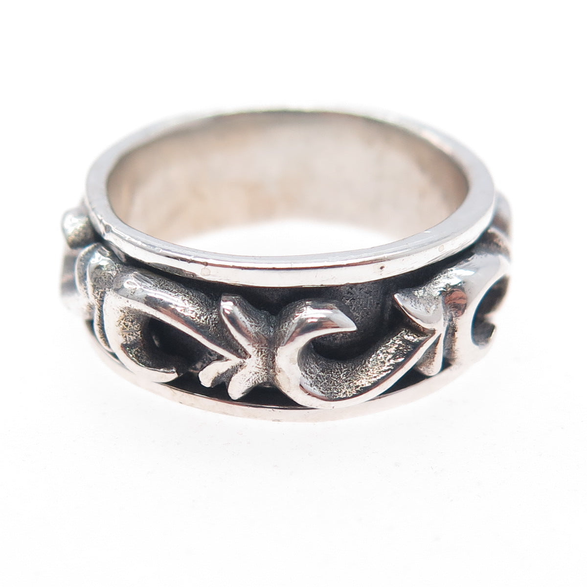 925 Sterling Silver Vintage Modernist Swirl Oxidized Rotating Band Ring Size 7.5