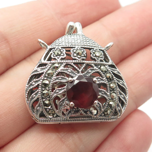 925 Sterling Silver Vintage Tourmaline & Marcasite Gem Lady's Bag Locket Pendant