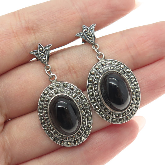 925 Sterling Silver Vintage Real Black Onyx & Marcasite Art Deco Style Earrings