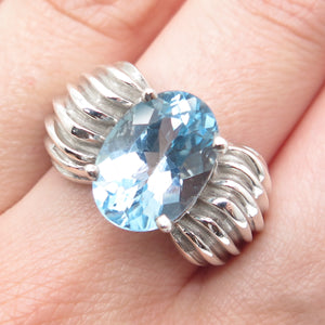 925 Sterling Silver Vintage Real Oval-Cut Blue Topaz Gem Ribbed Ring Size 8.25
