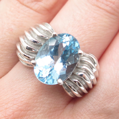 925 Sterling Silver Vintage Real Oval-Cut Blue Topaz Gem Ribbed Ring Size 8.25