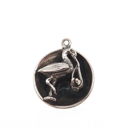 JewelArt Sterling Silver Vintage Stork Carrying Baby Oxidized Mini Charm Pendant
