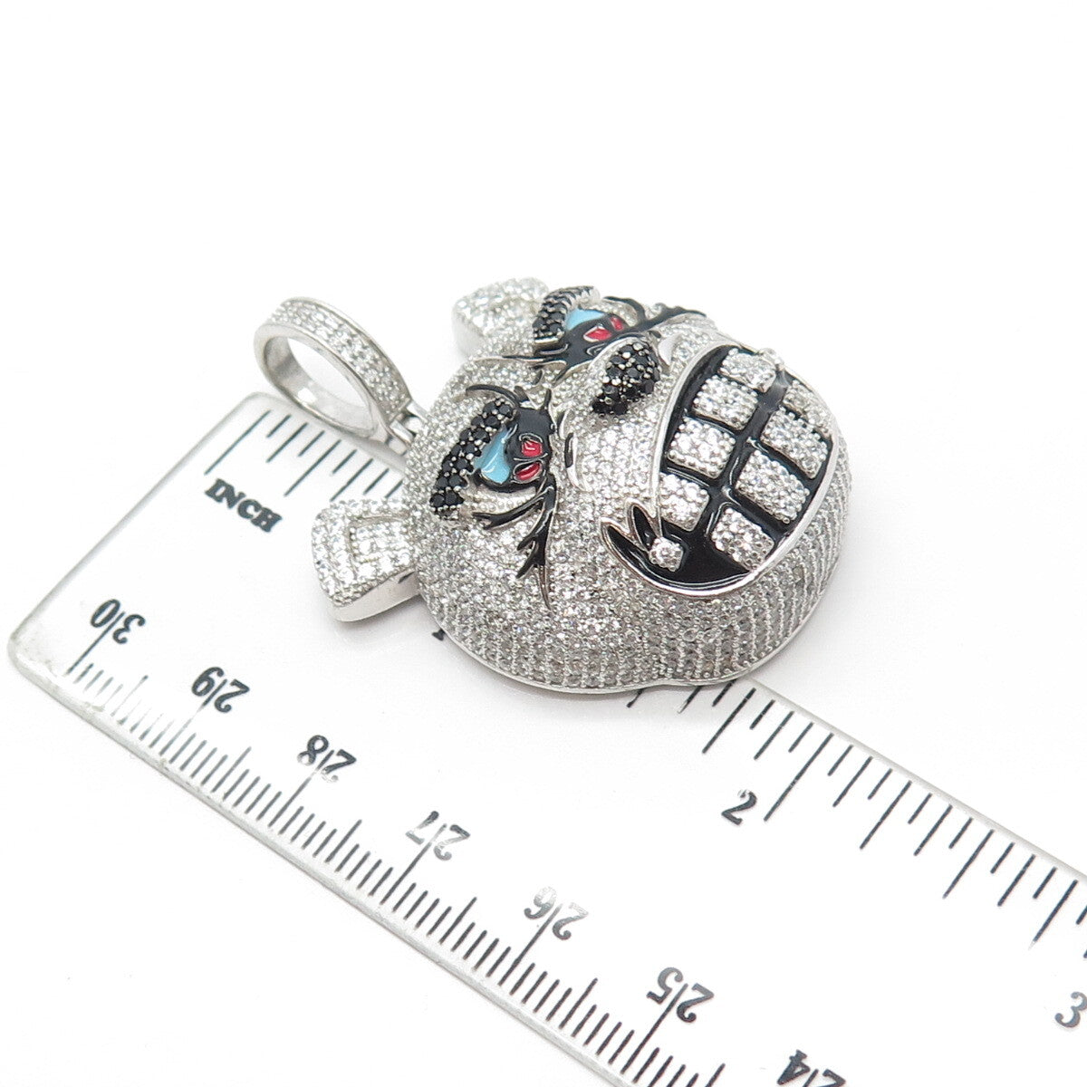 925 Sterling Silver REL Real Black Spinel Gemstone Enamel C Z Cartoon Pendant