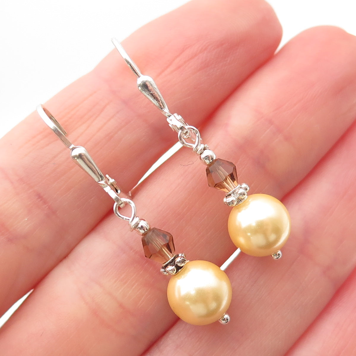 925 Sterling Silver Vintage Real Smoky Quartz & Faux Pearl Dangle Earrings