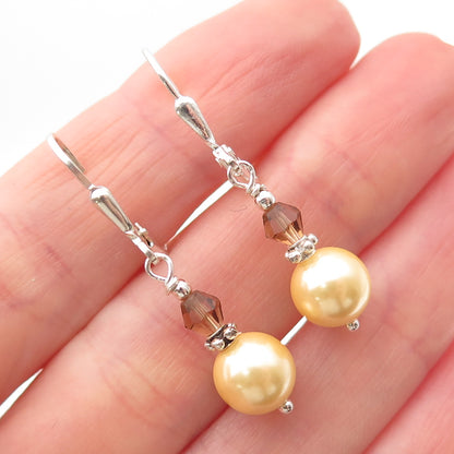 925 Sterling Silver Vintage Real Smoky Quartz & Faux Pearl Dangle Earrings