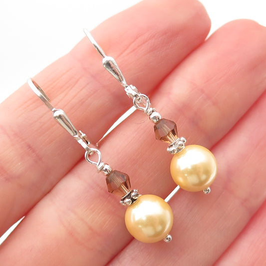 925 Sterling Silver Vintage Real Smoky Quartz & Faux Pearl Dangle Earrings