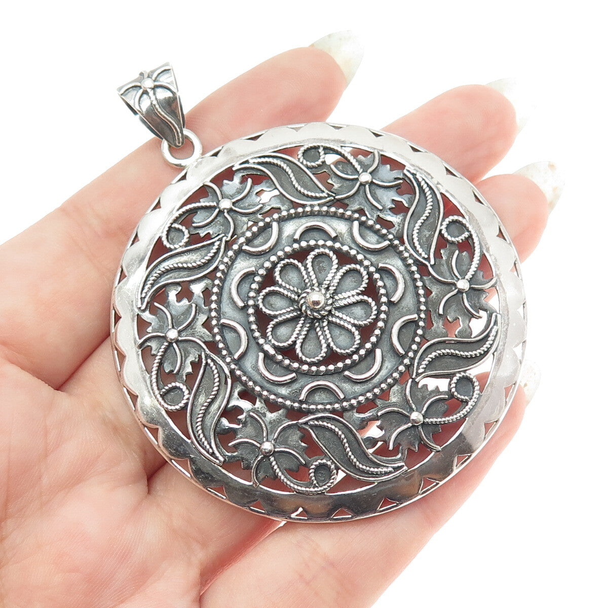 DOUG PAULUS 925 Sterling Silver Vintage Floral Oxidized Large Pendant