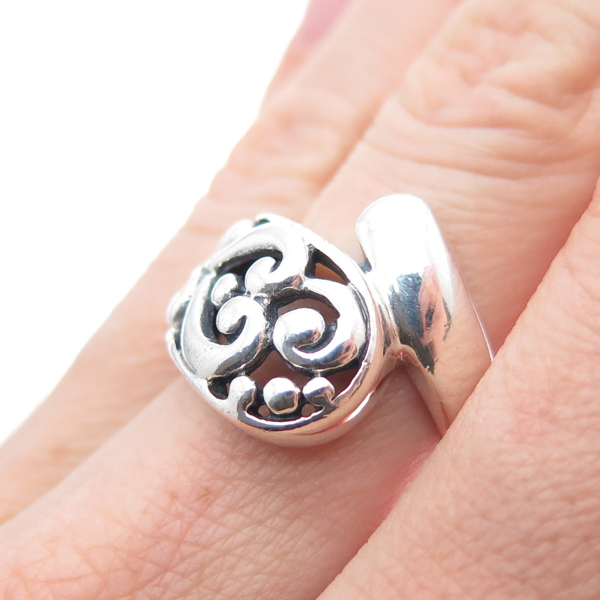 SX SALLY C 925 Sterling Silver Vintage Modernist Swirl Heart Ring Size 6.25