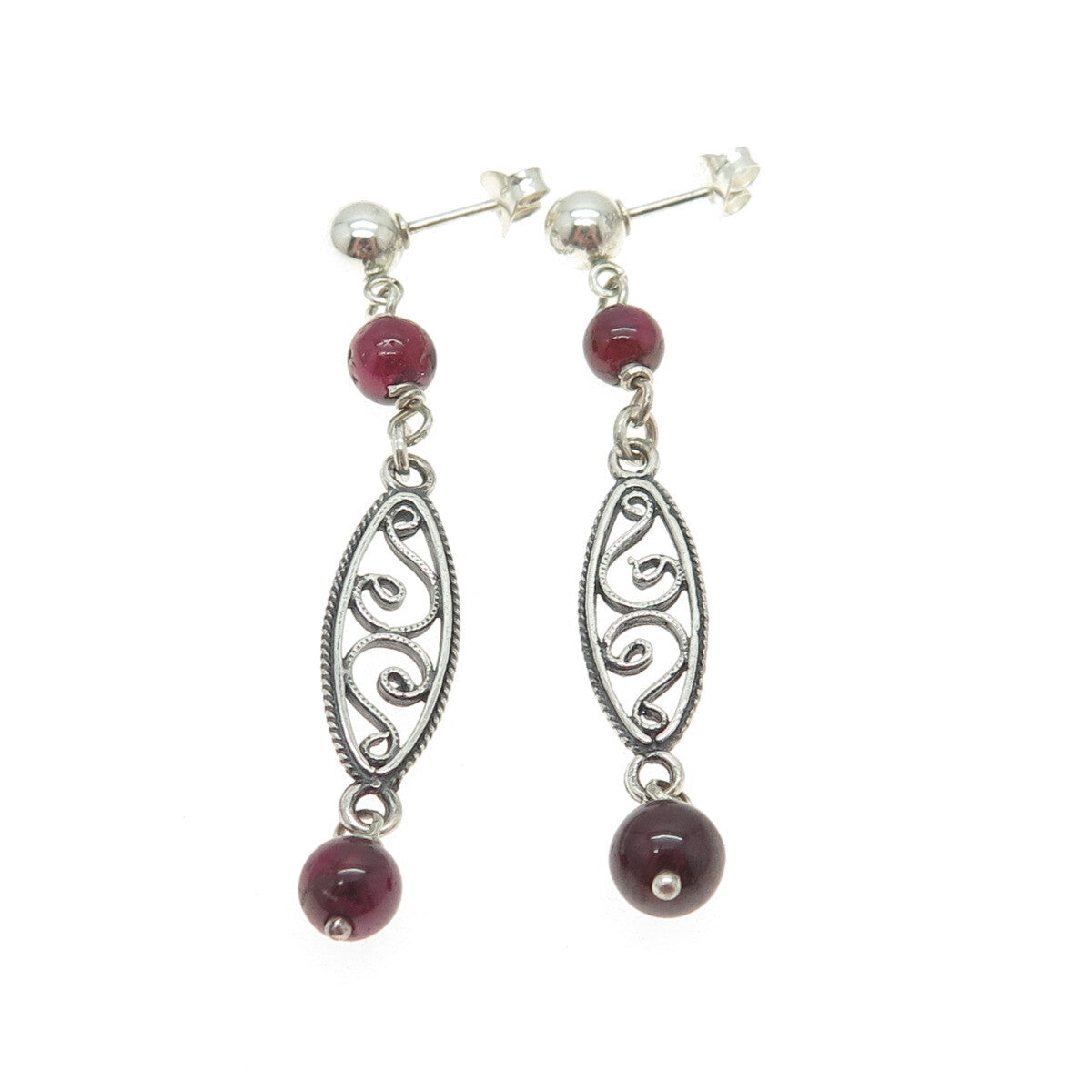 925 Sterling Silver Vintage Real Tourmaline Swirl Dangle Earrings