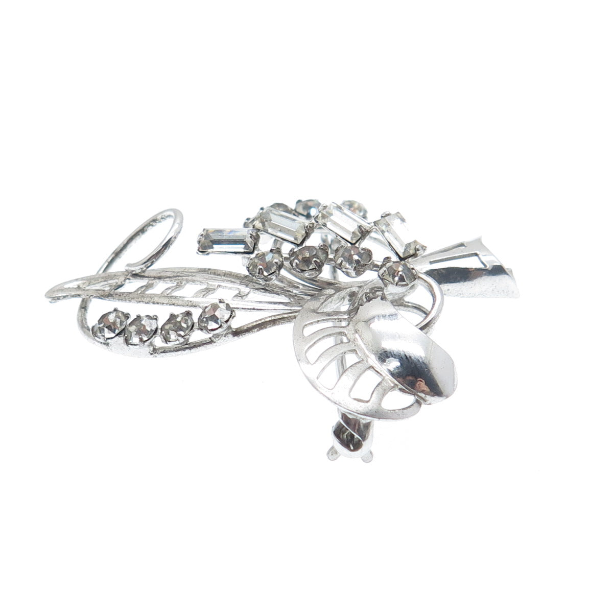 CARL ART 925 Sterling Silver Antique Art Deco Rhinestone Floral Pin Brooch