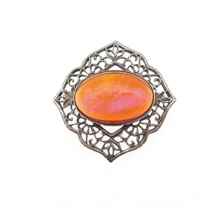 925 Sterling Silver Antique Art Deco Dragon Breath Opal Oxidized Pin Brooch