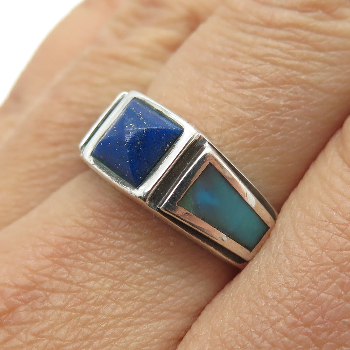 925 Sterling Silver Vintage Real Turquoise & Lapis Lazuli Ring Size 8.25