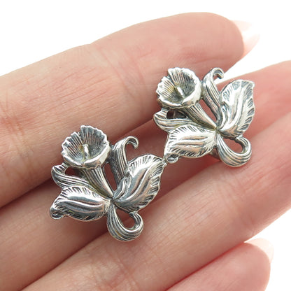 925 Sterling Silver Antique Calla Lily Floral Oxidized Screw Back Earrings