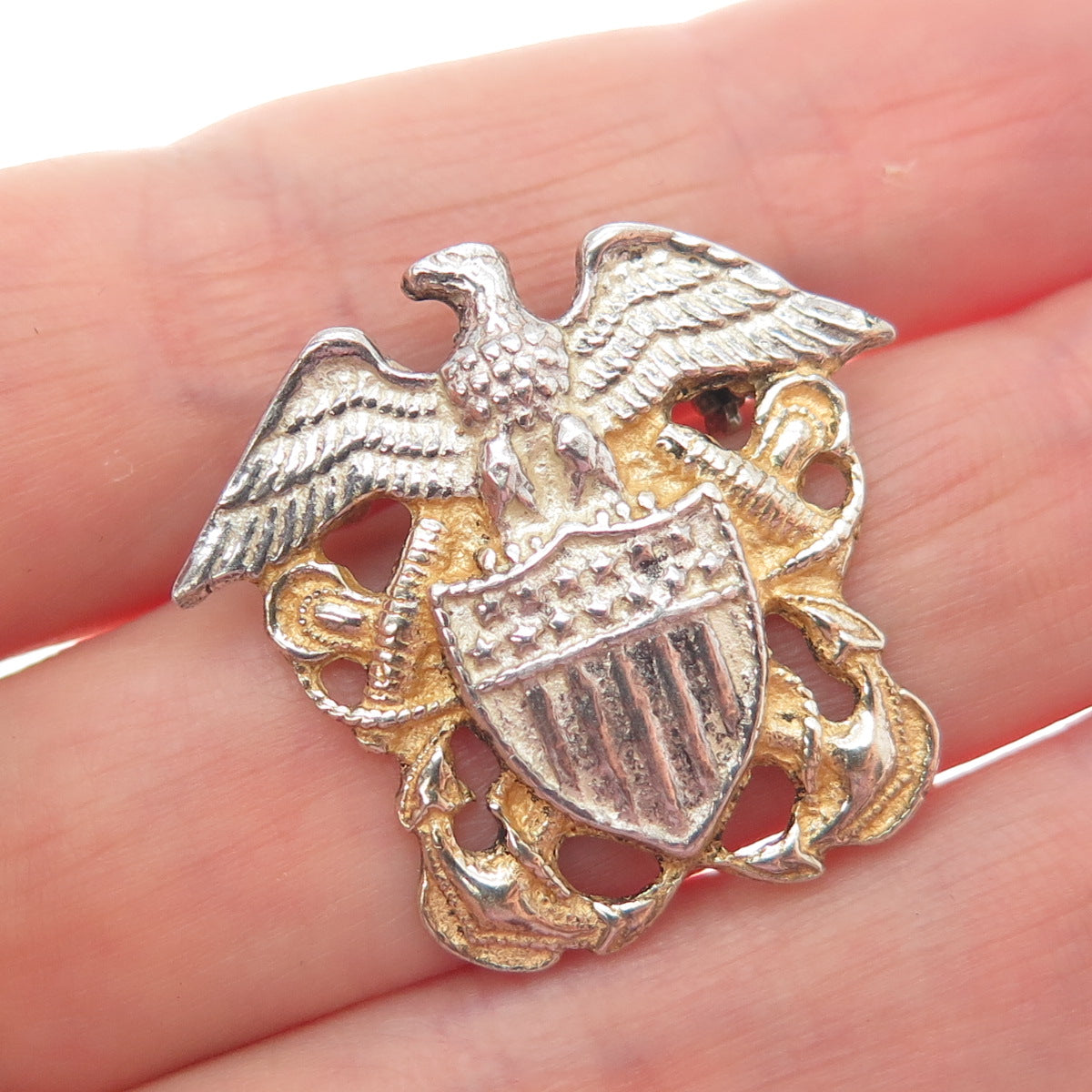 925 Sterling Silver 2-Tone Antique WWII US Navy Officer Pin Brooch