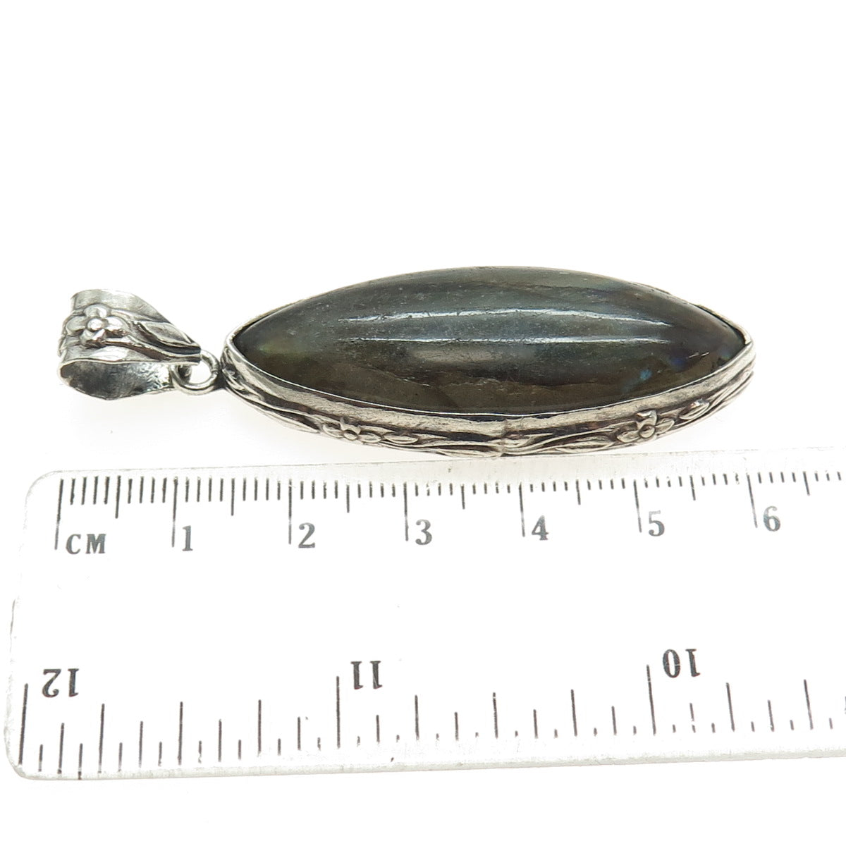 925 Sterling Silver Vintage Real Labradorite Gemstone Floral Accent Pendant