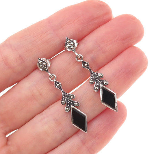 925 Sterling Silver Vintage Real Black Onyx & Marcasite Oxidized Dangle Earrings