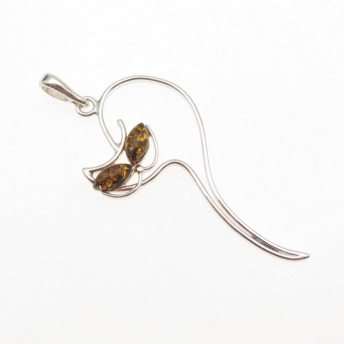 925 Sterling Silver Vintage Real Amber Modernist Cat Charm Pendant