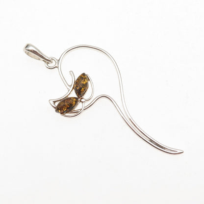 925 Sterling Silver Vintage Real Amber Modernist Cat Charm Pendant