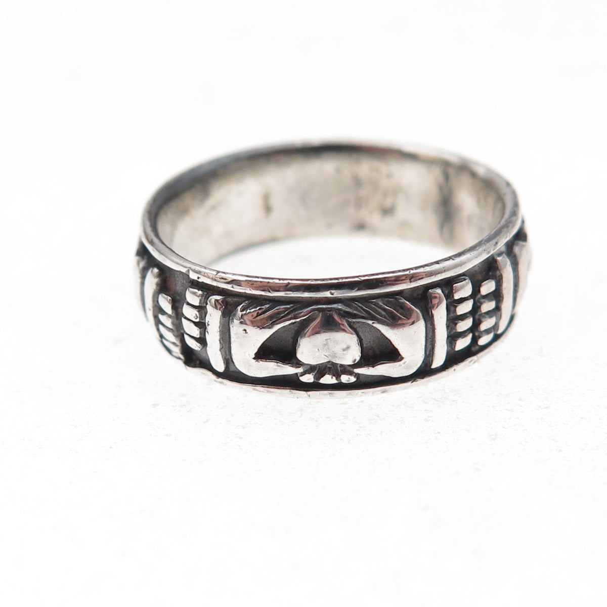 925 Sterling Silver Vintage Irish Claddagh Oxidized Band Ring Size 6.75