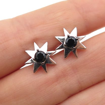 925 Sterling Silver Real Round-Cut Black Spinel Sun Stud Earrings